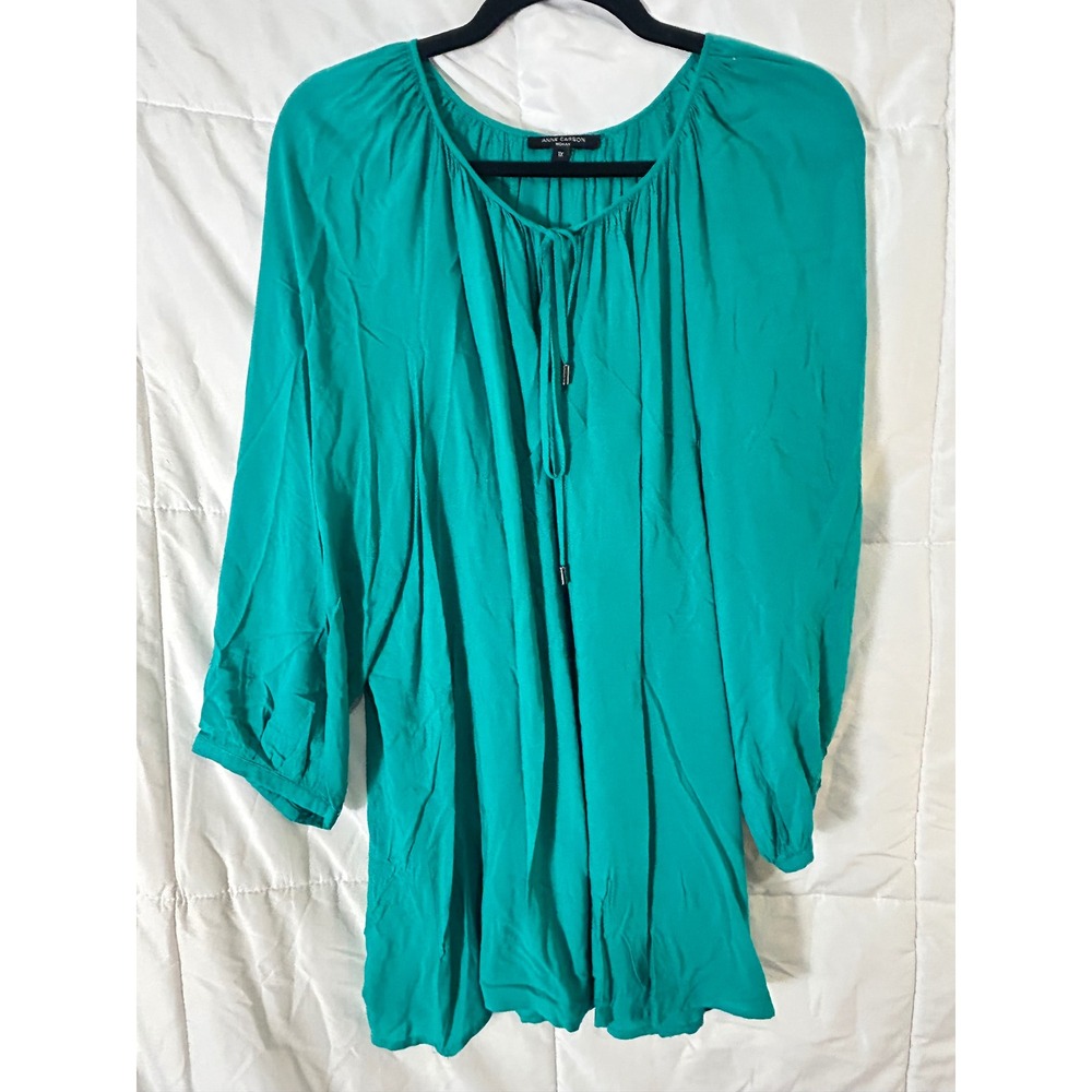 ANNE CARSON WOMAN 1X Teal Green Rayon Tie‎ Neck Long Sleeve Tunic Top